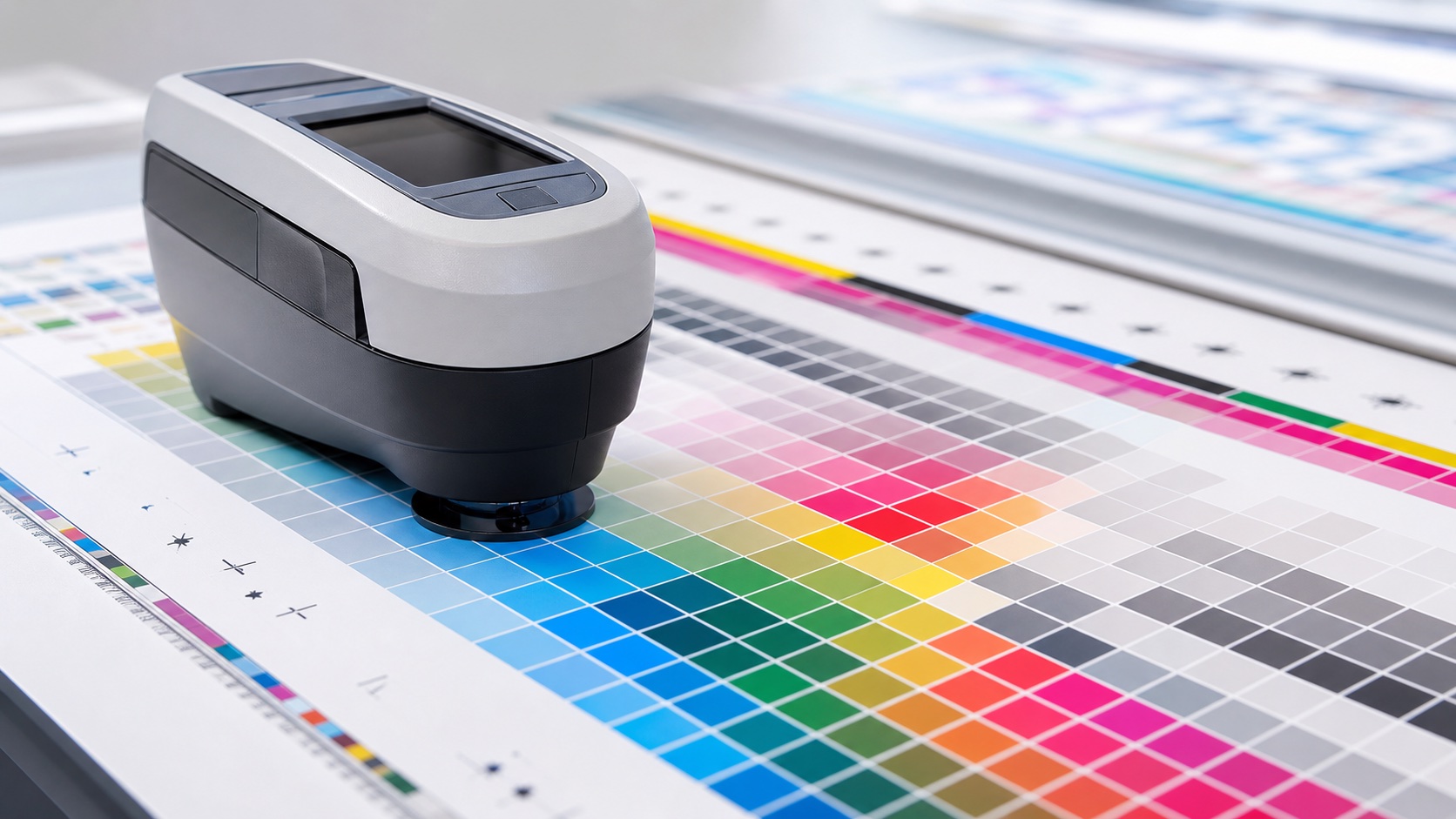 Spectrophotometer measuring CMYK color patches on a print calibration target